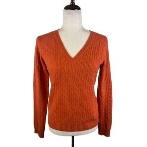 Marconi 100% Cashmere Sweater V-Neck Cable Knit Orange Autumn Womens Size Medium